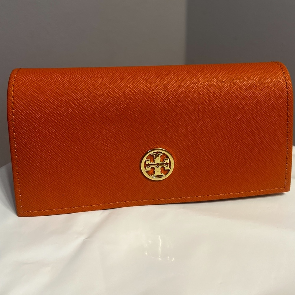 TORY Burch‎ Sunglasses Case Pebbled Leather Orange Gold Logo Authentic